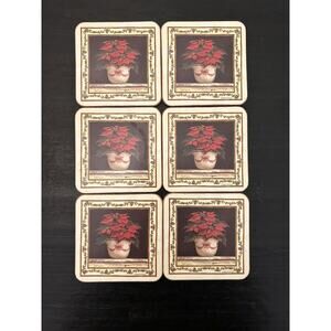 Pimpernel Christmas Pointsetta Holiday Cork-Backed Coasters 4" square Set of 6
